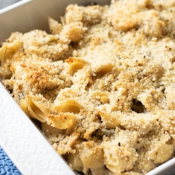 A baked gluten free tuna casserole in a dish.