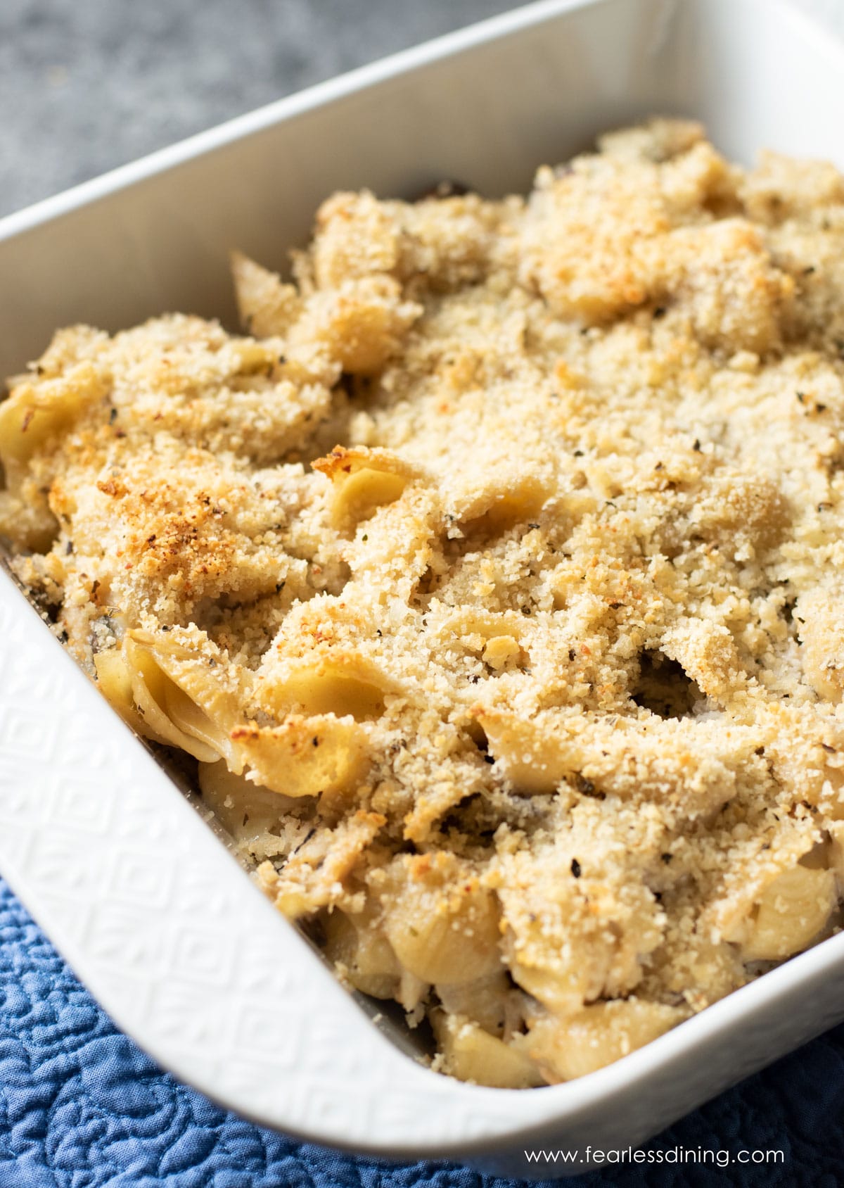 A baked tuna casserole in a dish.