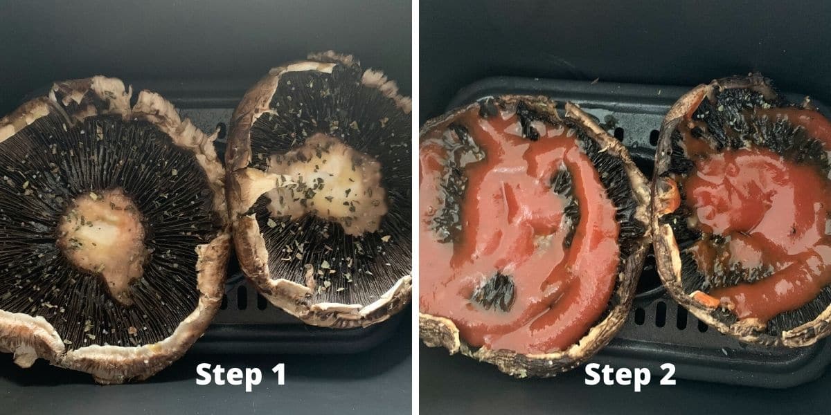 Photos of the portabello mushrooms in the air fryer.