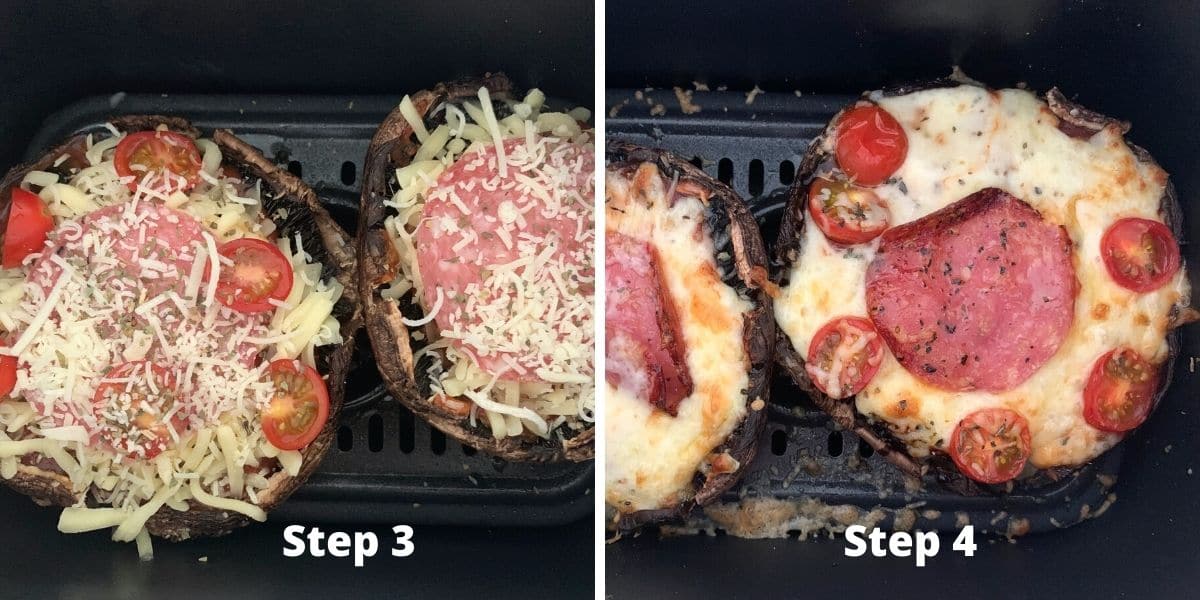 Photos of the portabello mushrooms with toppings before and after cooking.