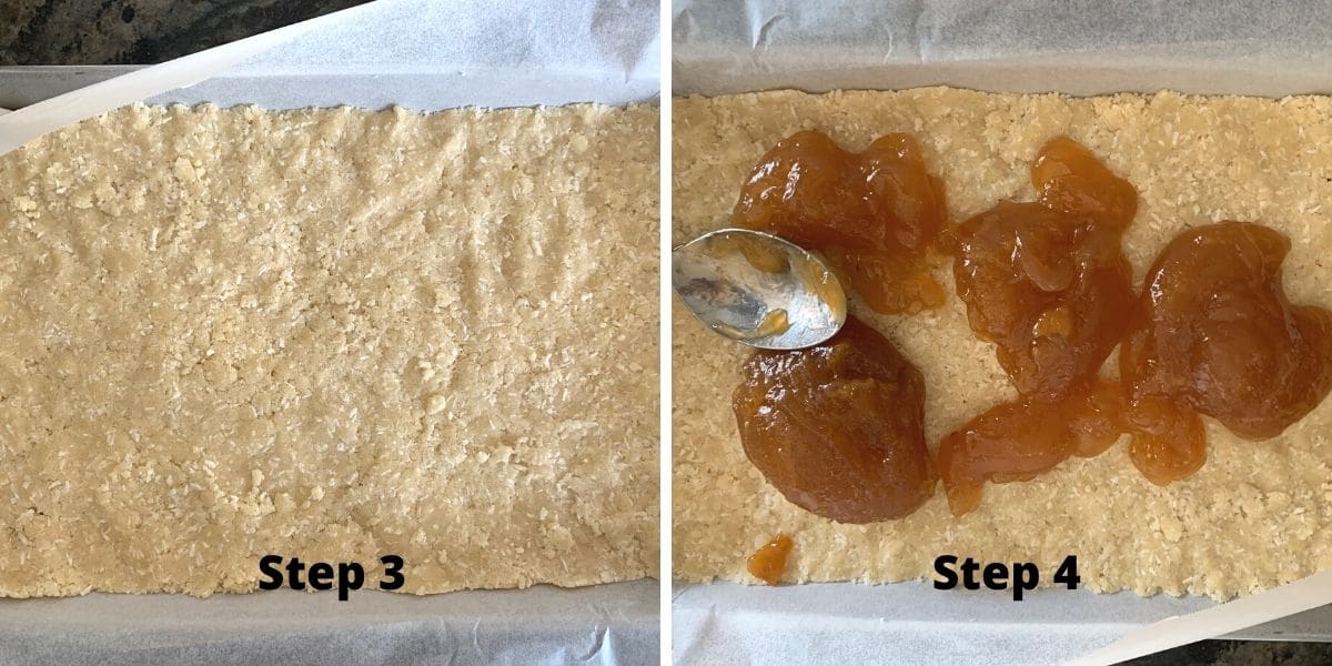 Photos of the flat crust and spreading the jam on top.