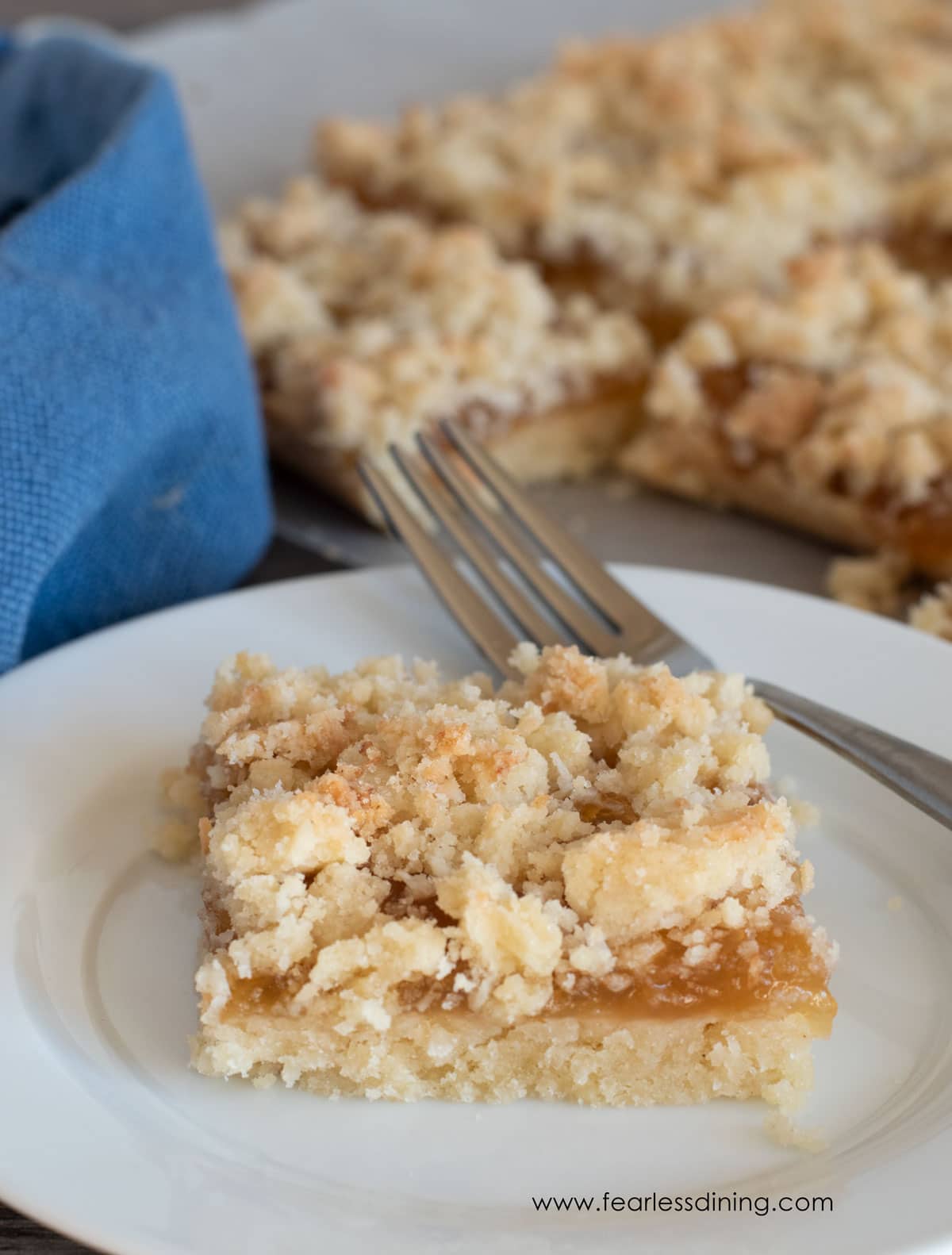 A slice of gluten free apricot bars on a plate.