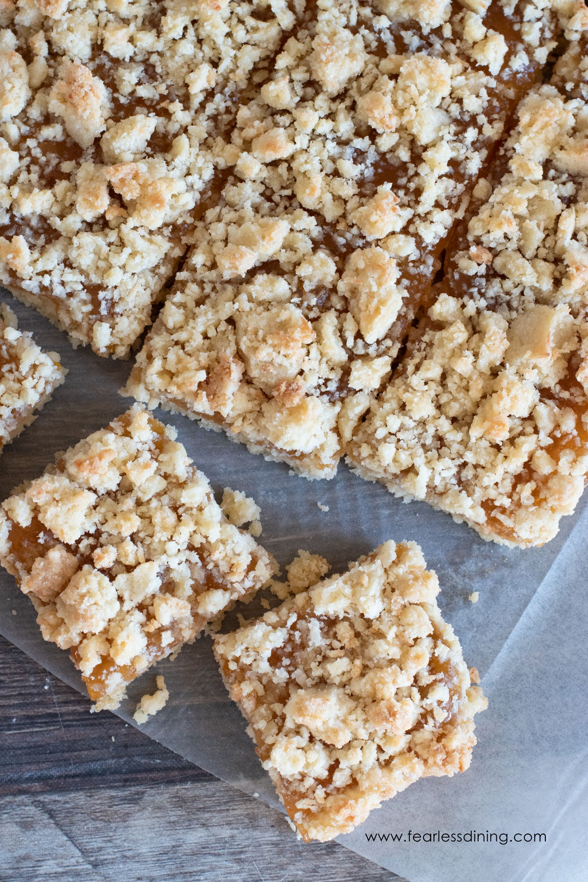 The top view of sliced apricot jam bars.