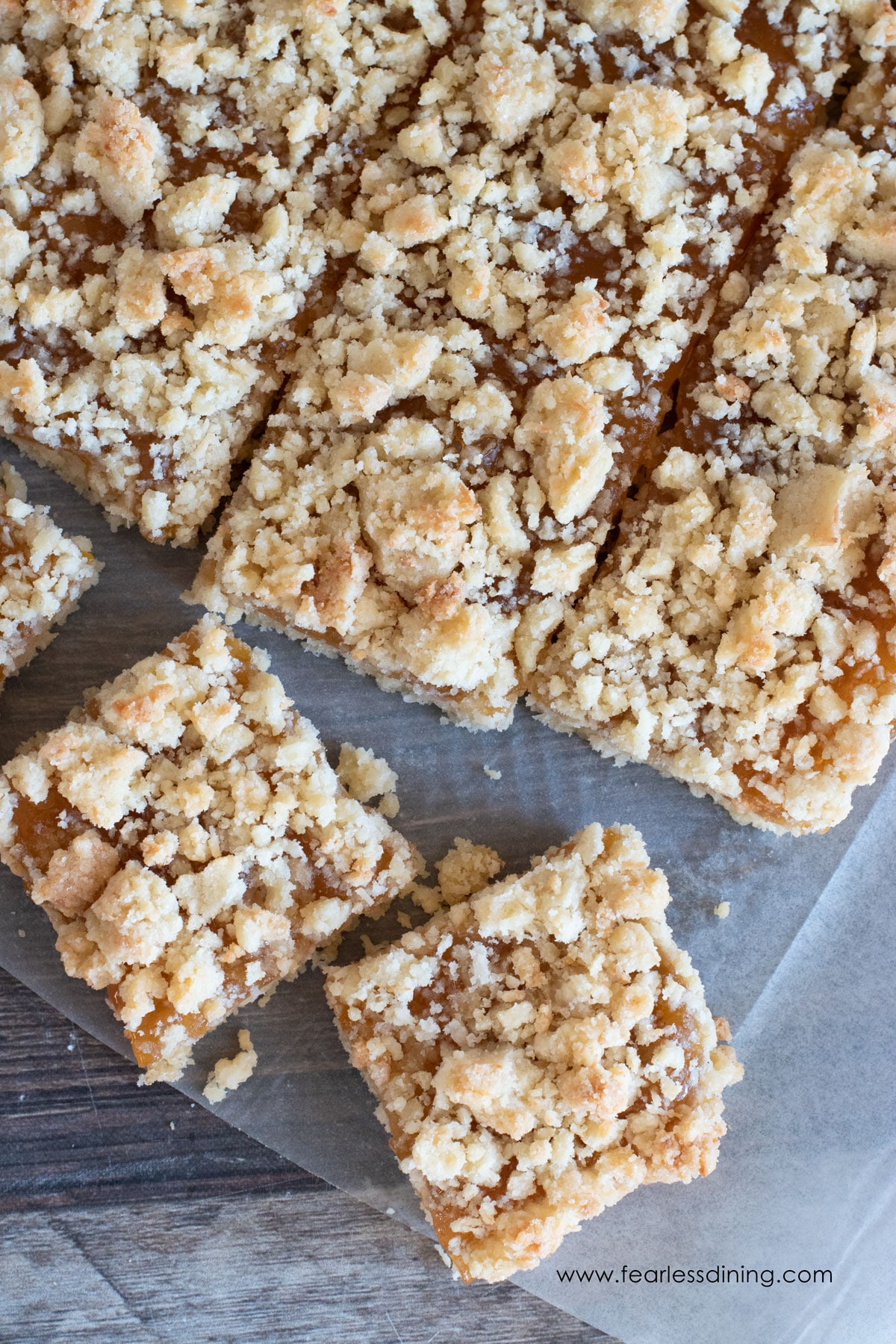 The top view of sliced apricot jam bars.