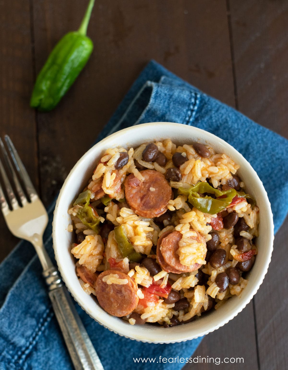 A small bowl filled with cajun rice and beans.