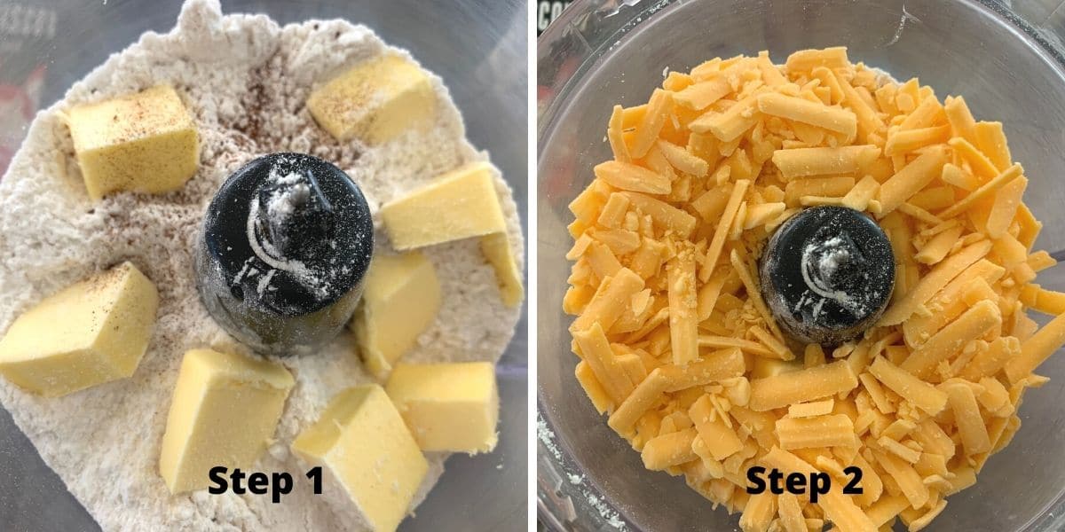 Photos of adding ingredients to a food processor.