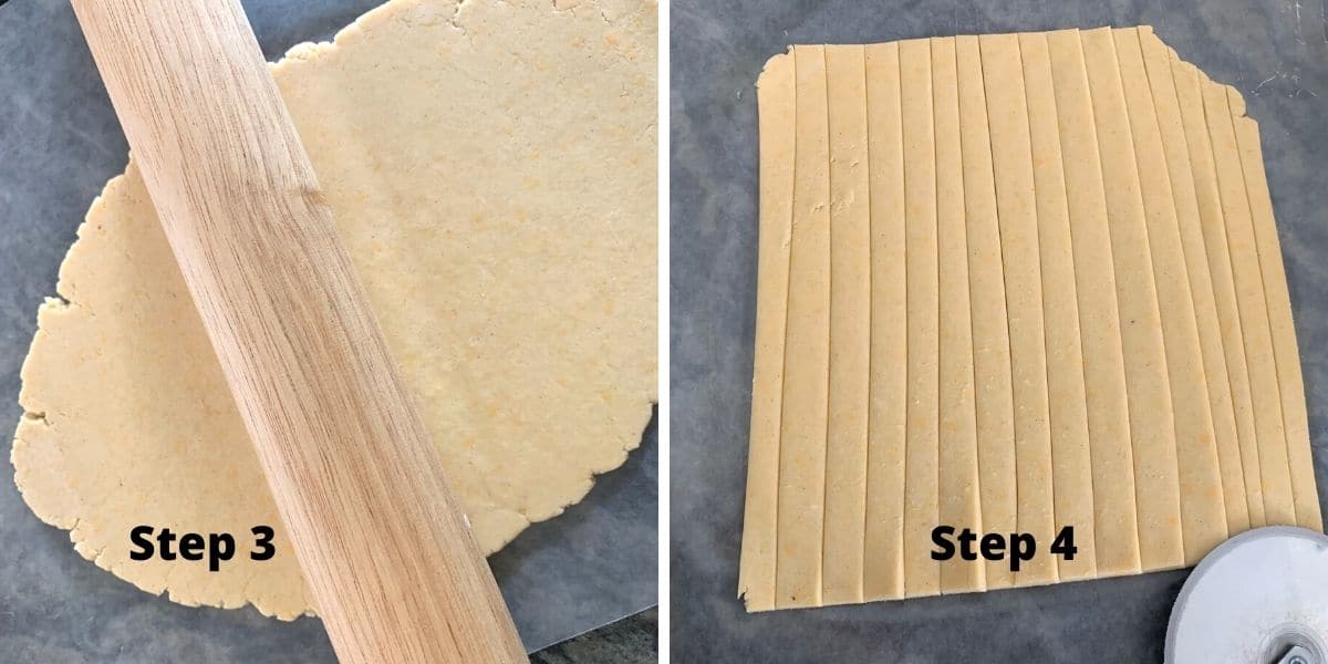 Photos of rolling the cheese dough and cutting strips.