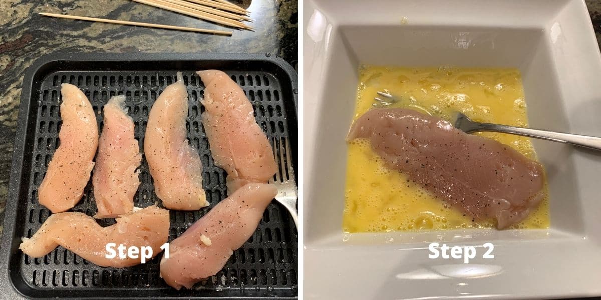 Photos of seasoning chicken tenders and dipping them in egg.