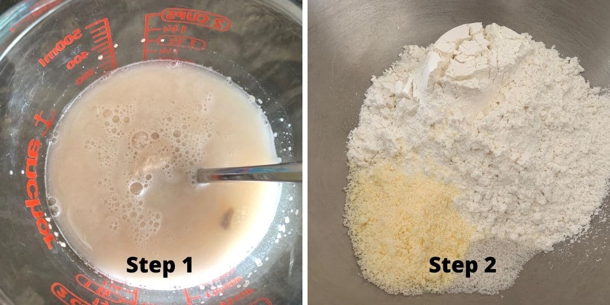 photos showing proofing the yeast and mixing dry ingredients