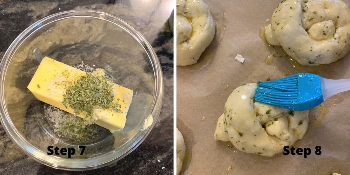 melting the garlic butter and brushing it onto the dough knots