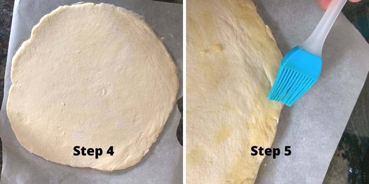A rolled out pizza crust with oil being brushed over the edges.