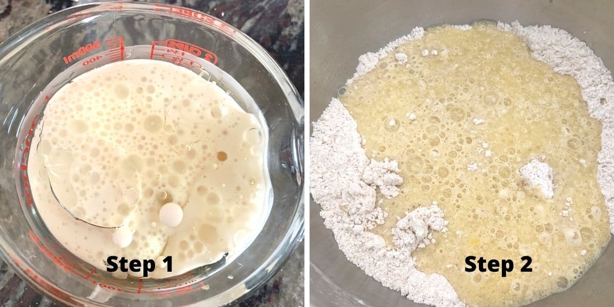 Photos of the yeast bubbling and mixed into the gluten free flour.