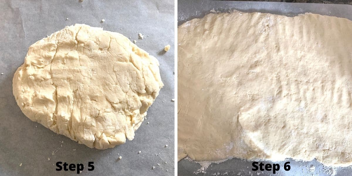 Photos of pressing the dough flat.