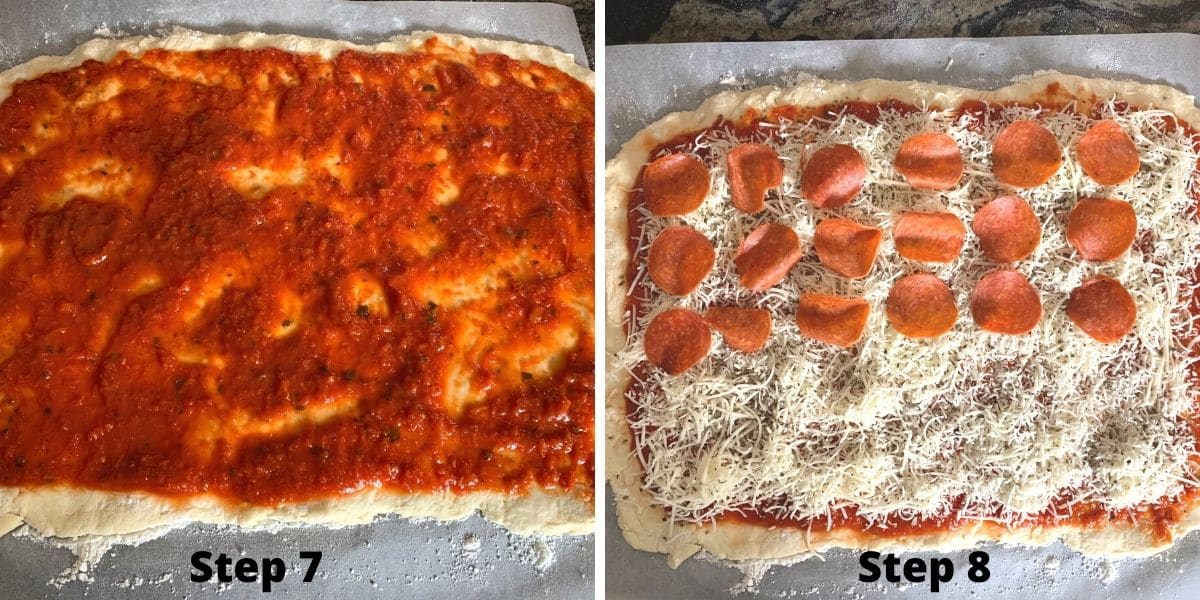 Photos of the pizza dough with sauce and toppings.