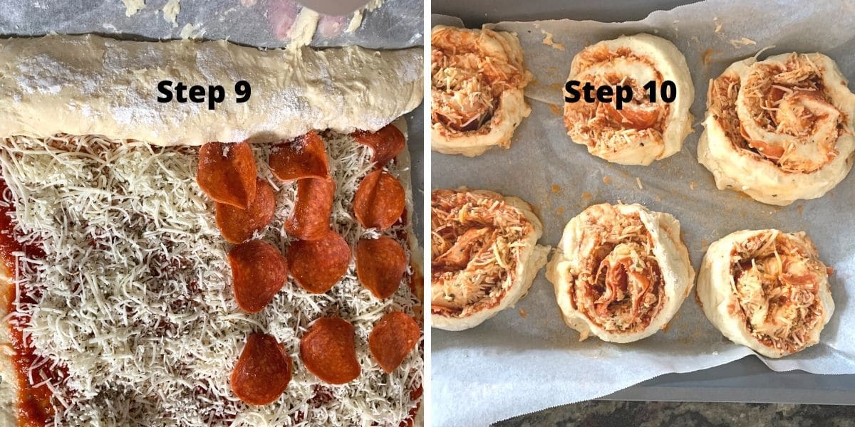 Photos of the pizza getting rolled and pizza rolls ready to bake.