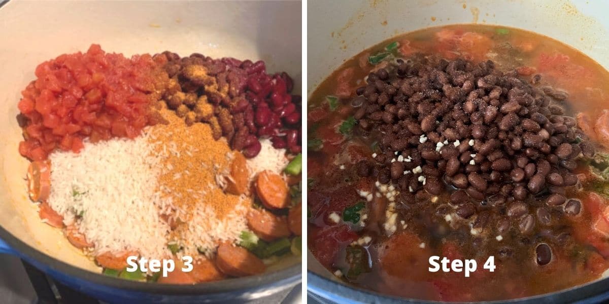 photos of the diced tomatoes, beans, rice, and seasonings added to the pot