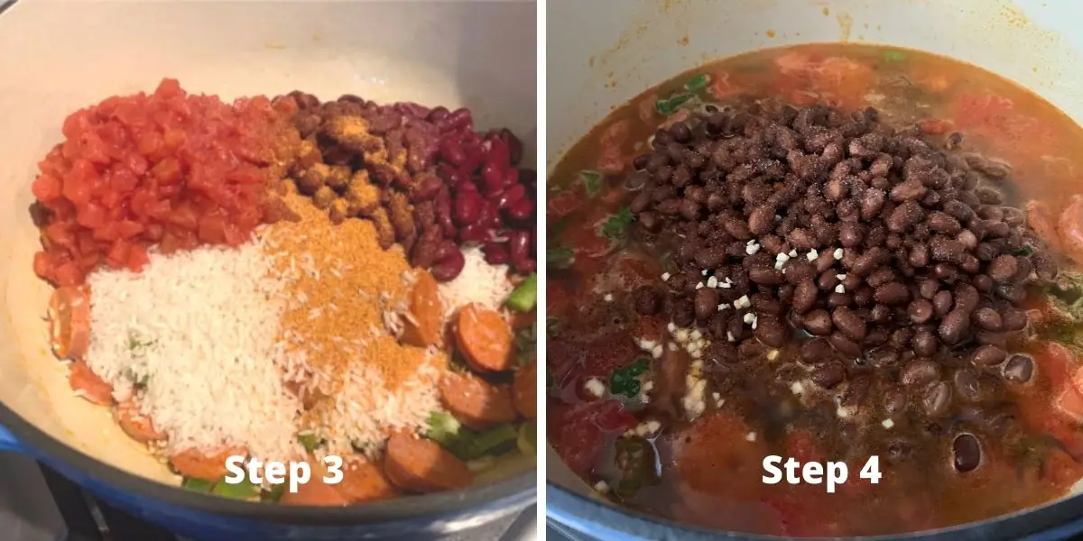 photos of the diced tomatoes, beans, rice, and seasonings added to the pot