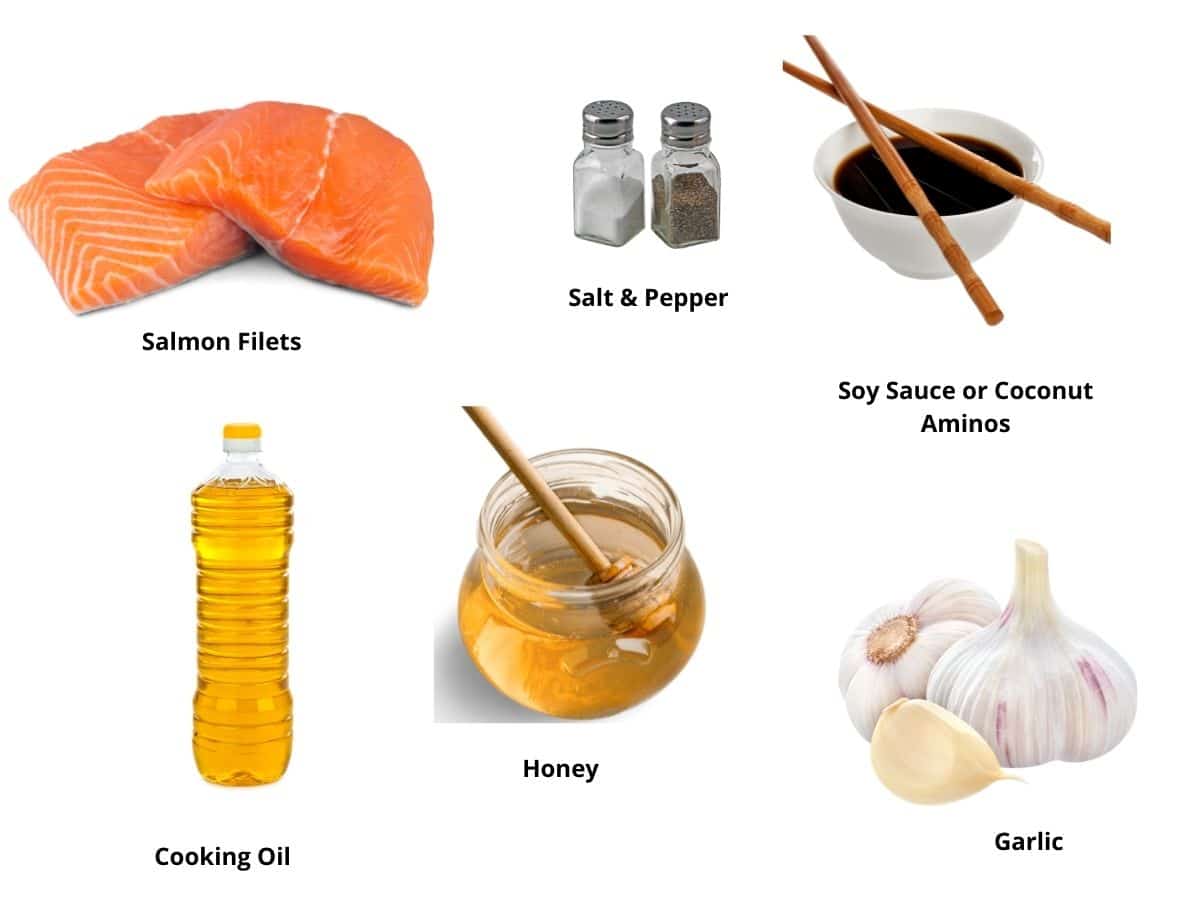 Photos of the salmon garlic honey ingredients.