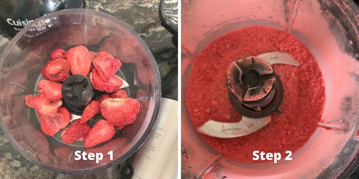 Photos grinding the freeze dried strawberries.