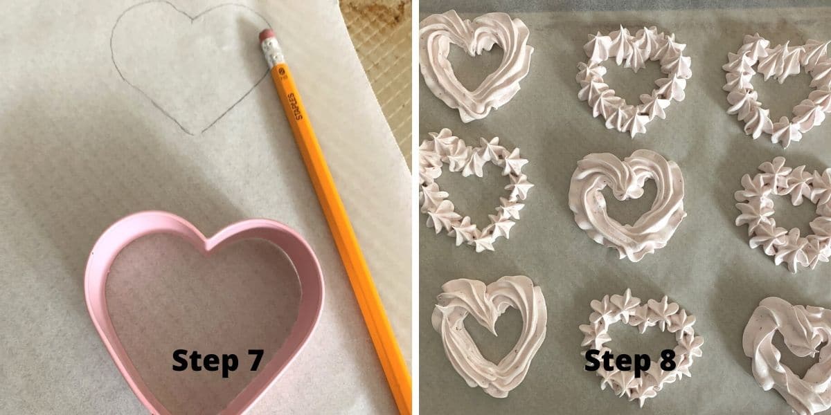 Using a heart shaped cookie cutter to make lines to pipe meringue onto.
