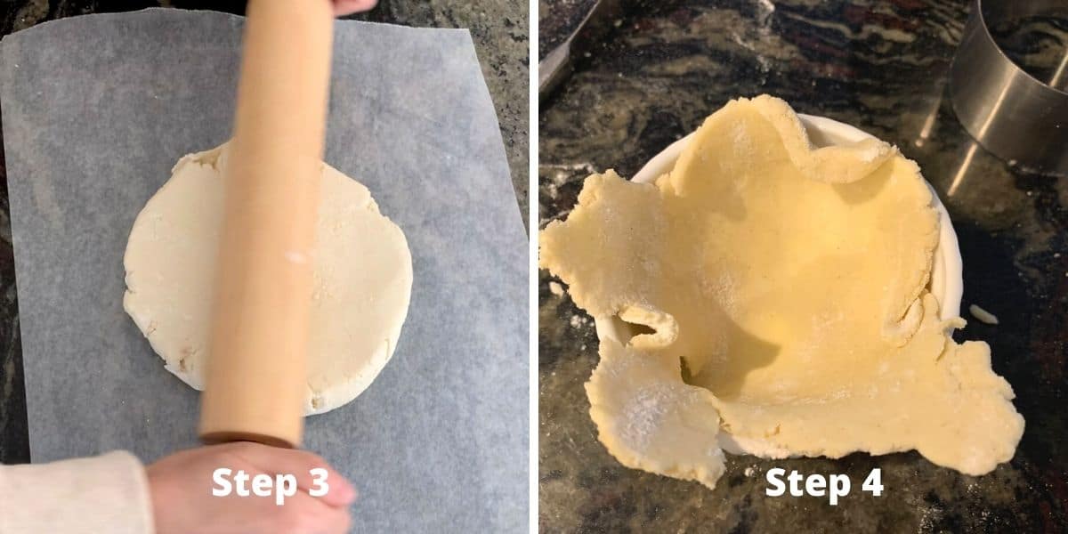 Photos of rolling out the pie crust and adding it to a ramekin.