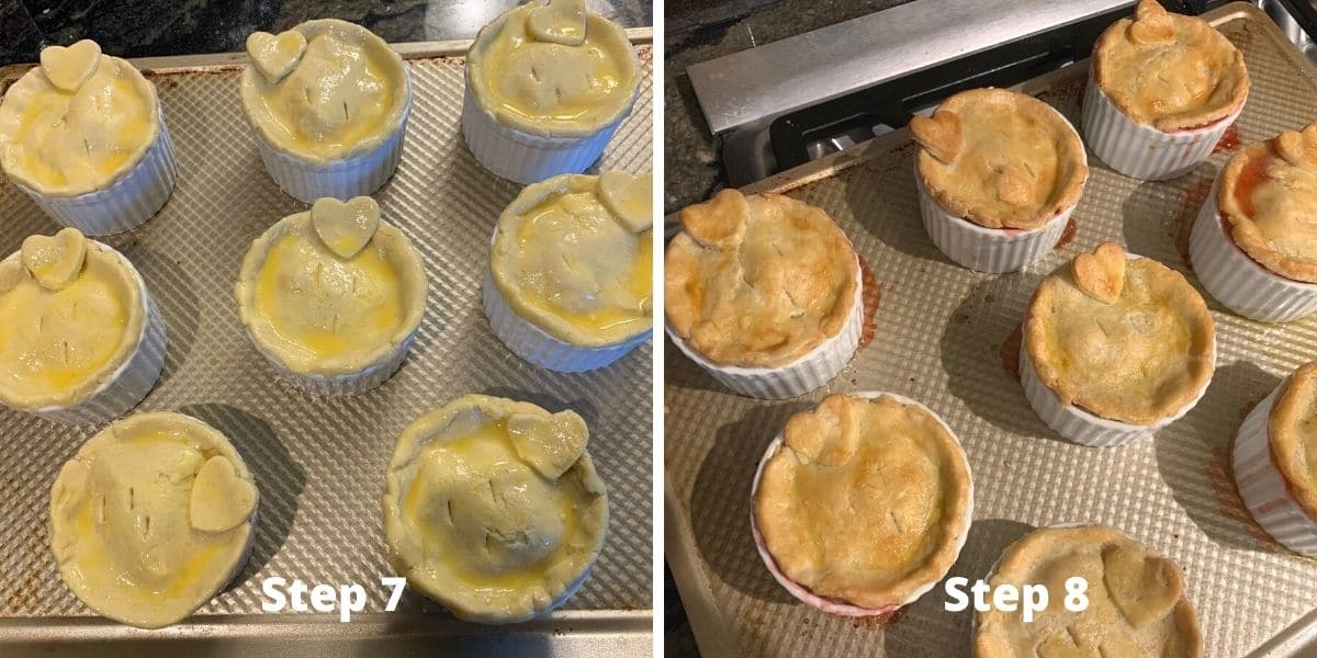 Mini strawberry pies before and after baking photos.