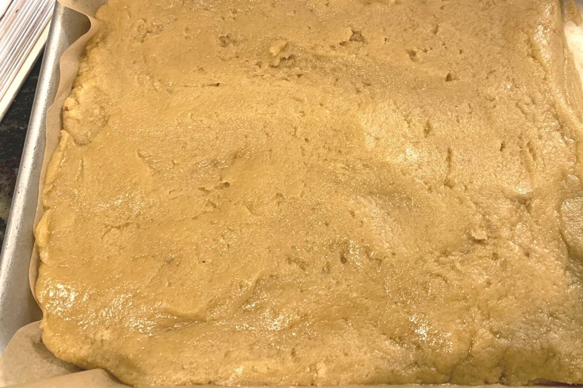 blondie batter in a baking pan