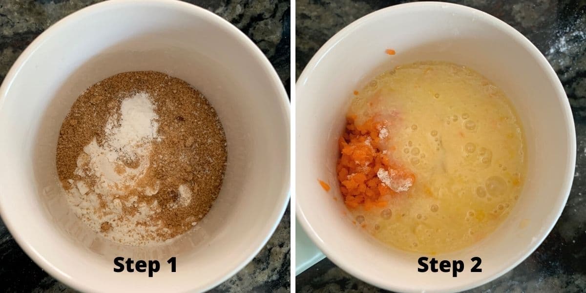 Photos of steps 1 and 2 of making the carrot mug cake.