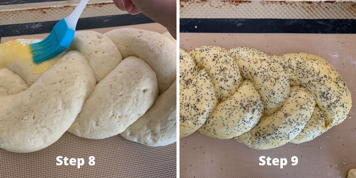 photos of brushing the challah with egg wash and sprinkling poppy seeds