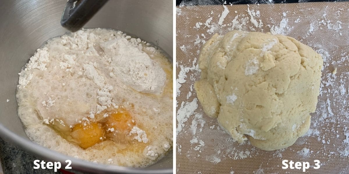 Photos of steps 2 and 3 making challah dough.