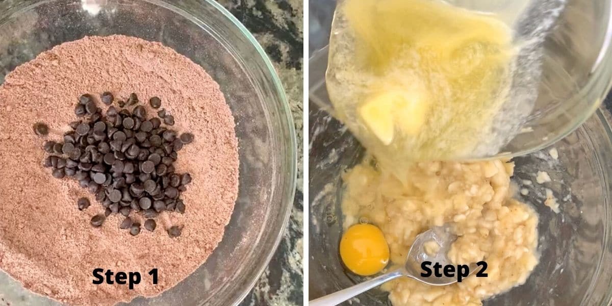 Photos of the chocolate banana bread wet and dry ingredients.