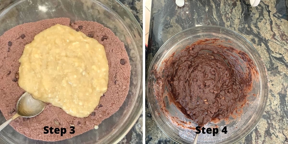 Chocolate banana bread mixing wet and dry ingredients.