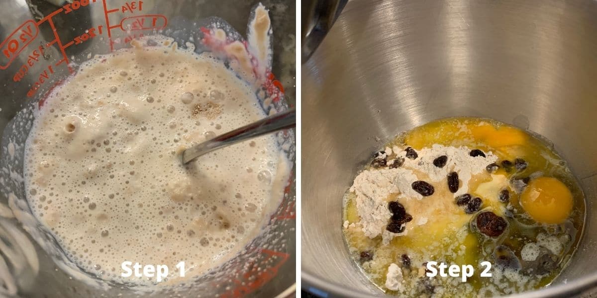 photos of steps one and two making cinnamon raisin bread