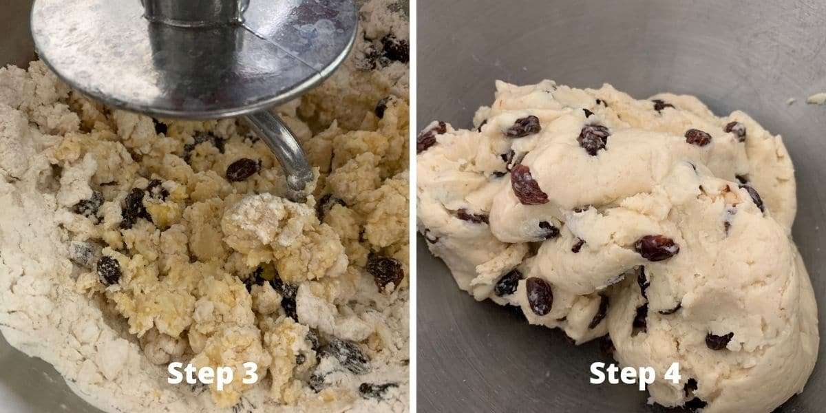 Photos of steps 3 and 4 making the cinnamon raisin bread dough.