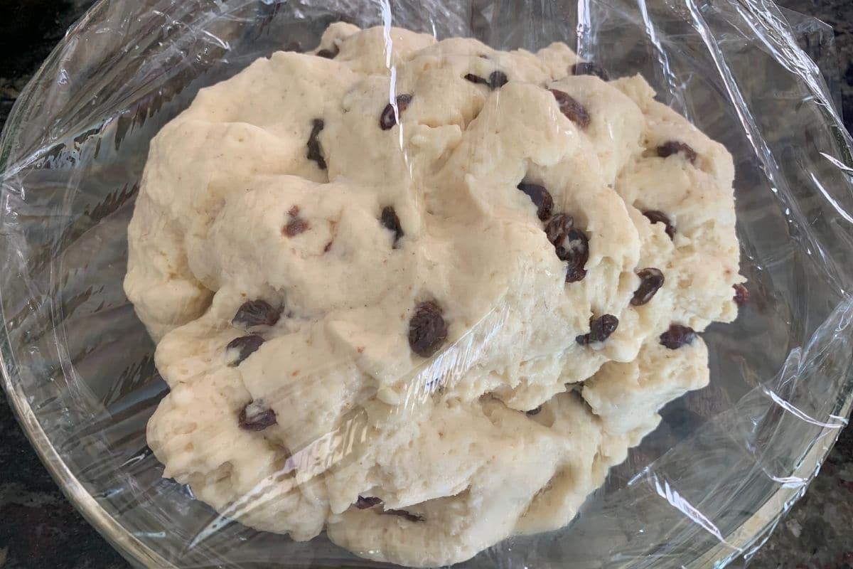 Cinnamon raisin bread dough after rising.