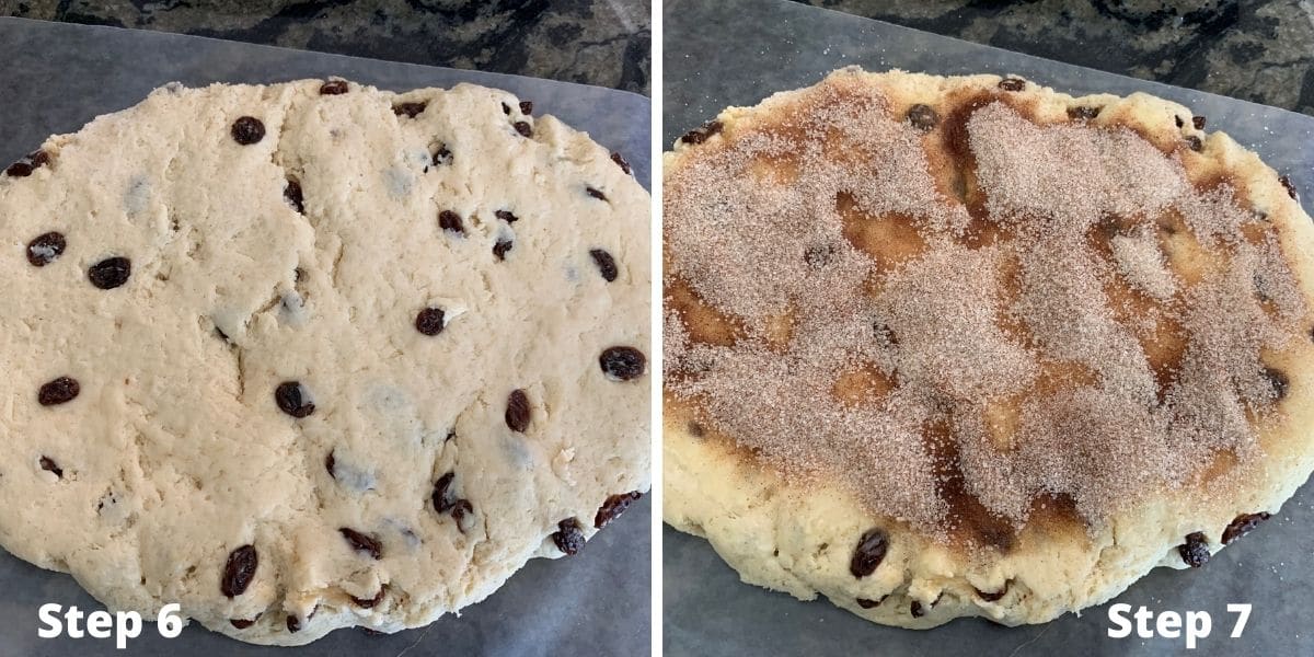 Photos of adding the cinnamon sugar swirl to the dough.