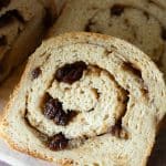A slice of homemade gluten-free cinnamon raisin bread.