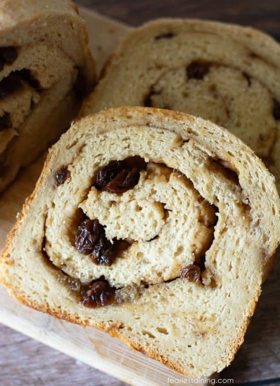A slice of homemade gluten-free cinnamon raisin bread.