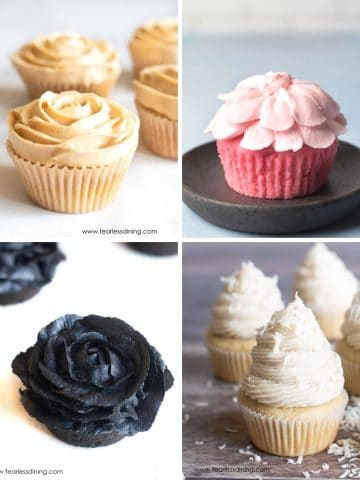 photos of four cupcakes all frosted differently