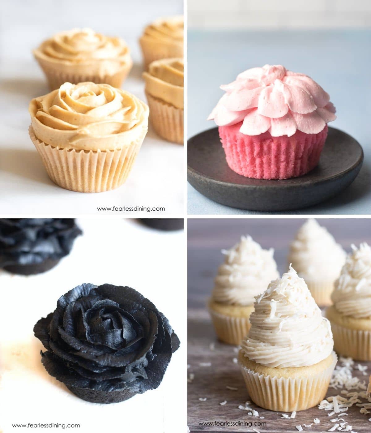 Photos of four cupcakes all frosted differently.