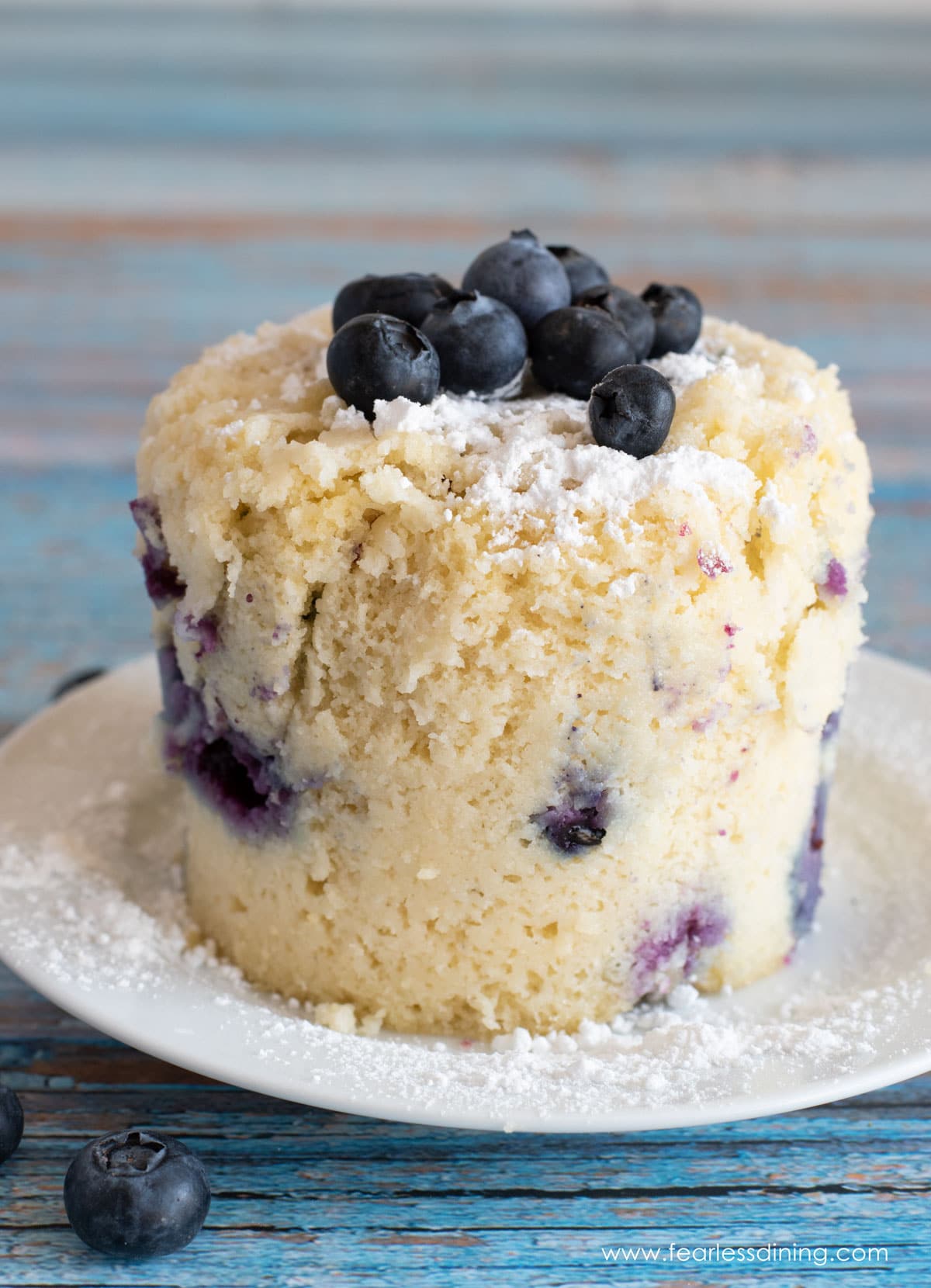 A gluten free blueberry mug muffin on a plate. It is topped with fresh blueberries.