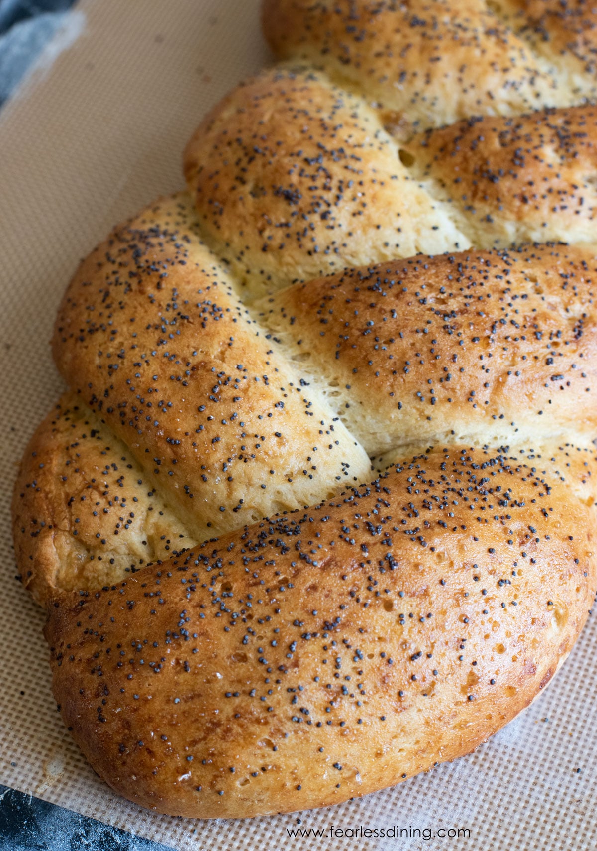 A close up of the baked challah braids.