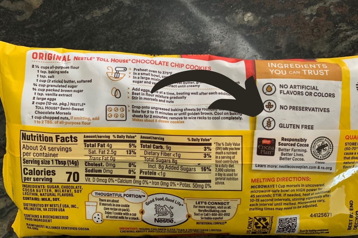 The back of the Nestle Toll House Chocolate Chips bag showing a gluten free label.