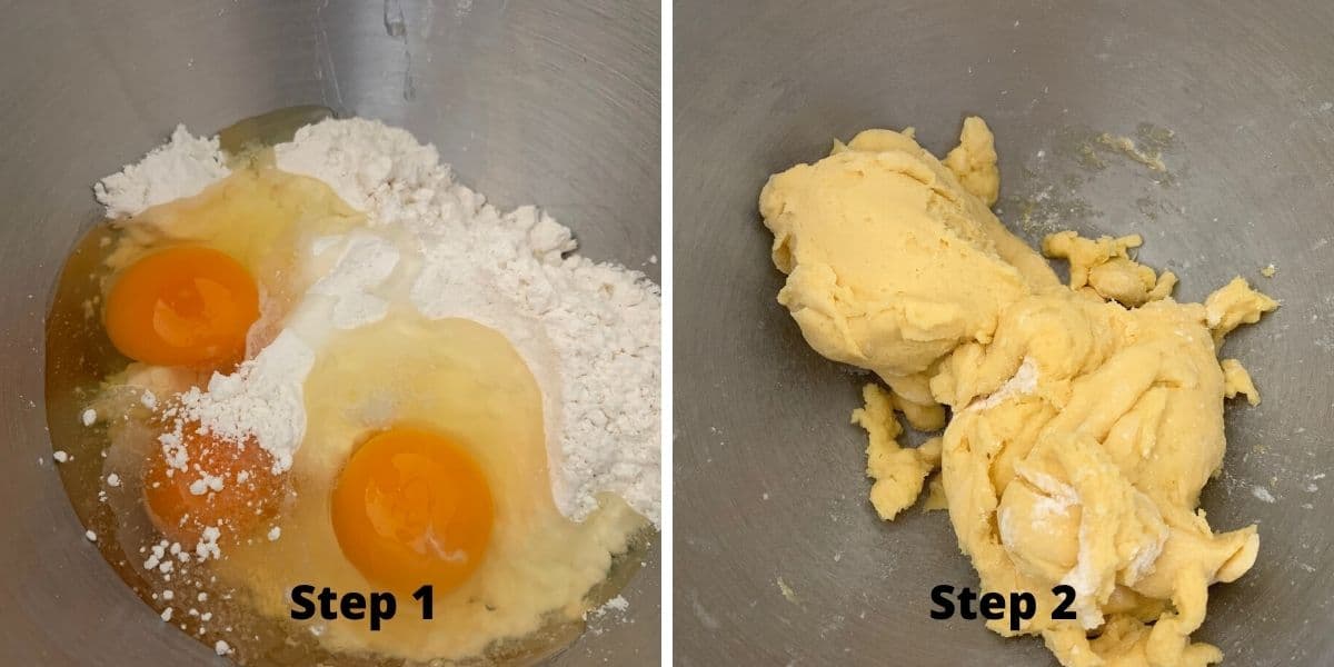 Photos of steps one and two making the ravioli dough.