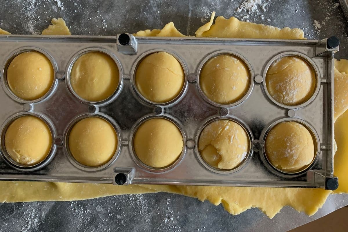 The underside of what the ravioli looks like in the maker.