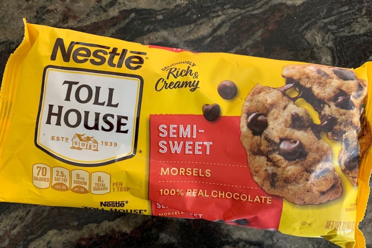 A bag of Nestle Chocolate Chips on the counter.
