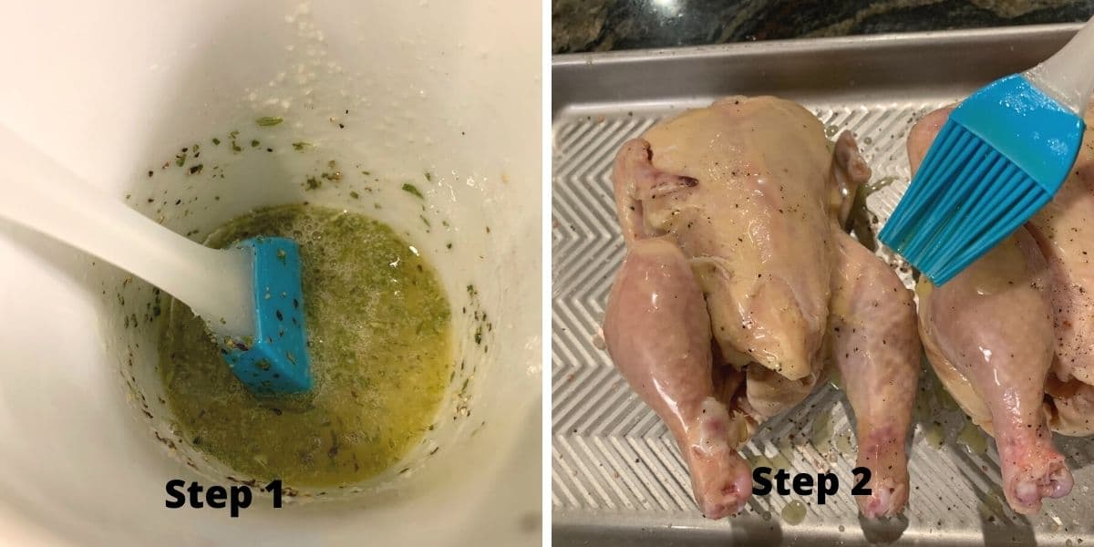 Photos of the lemon pepper marinade and brushing it on the hens.