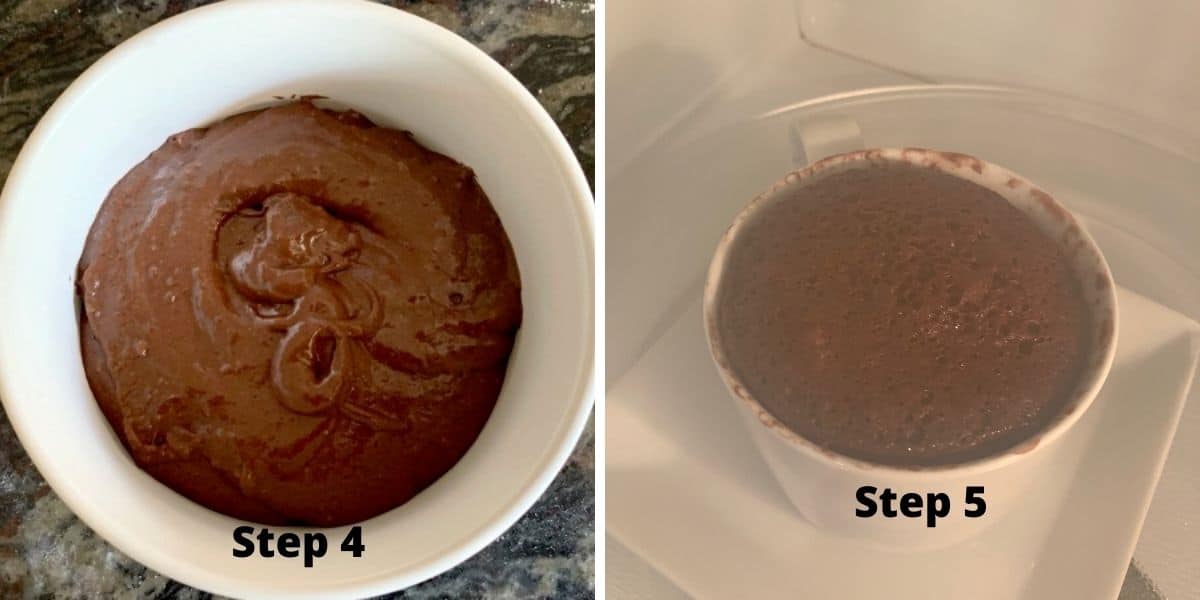 Photos of steps 4 and 5 making the mug cake.