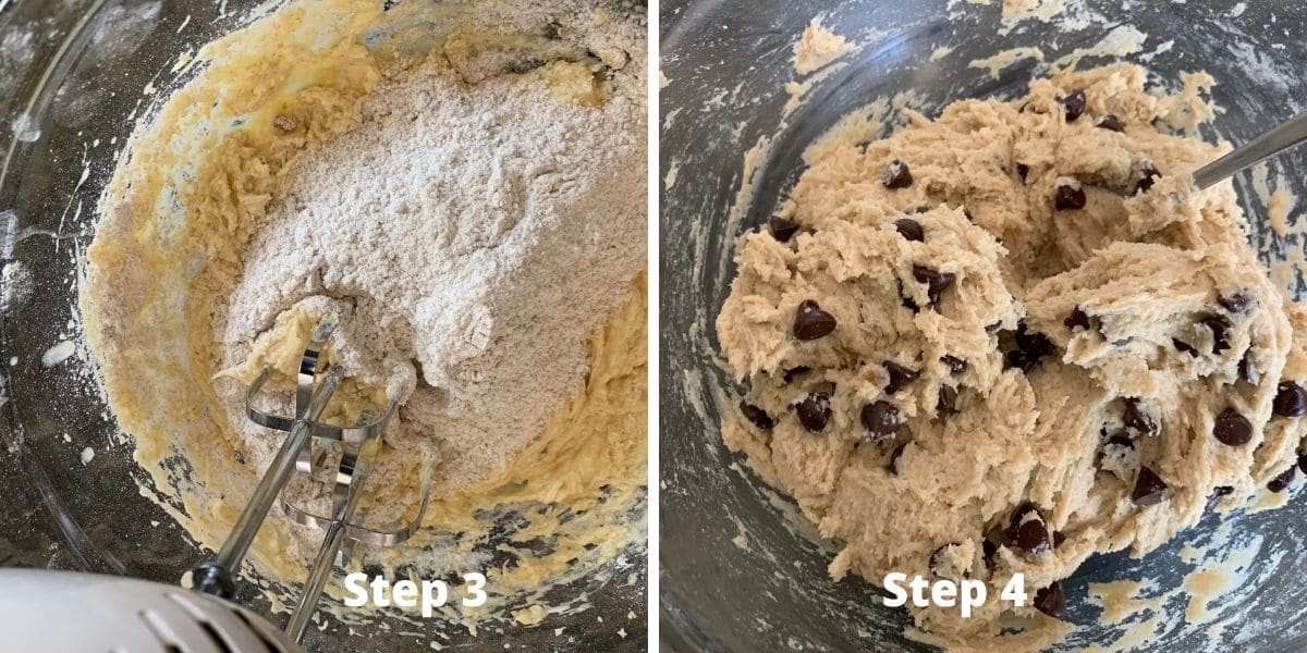 Photos using the electric hand mixer to mix the cookie dough.