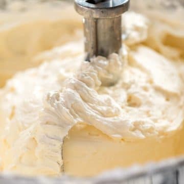 vanilla buttercream frosting in a Kitchen Aid standing mixer